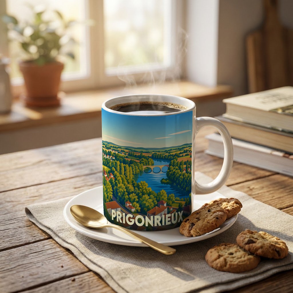 Mug souvenir de la ville de Prigonrieux orné d'une illustration paysagère stylisée.