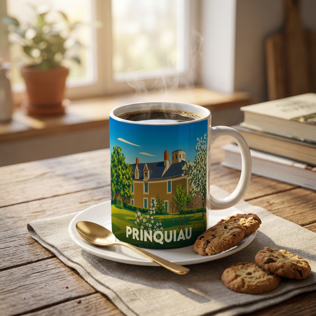 Mug souvenir de la ville de Prinquiau avec une illustration stylisée d'un manoir.