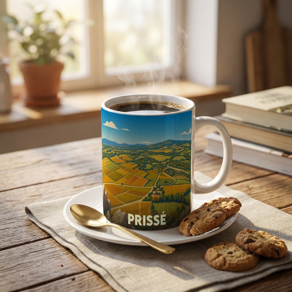 Mug souvenir de la ville de Prissé orné d'une illustration stylisée de ses paysages vallonnés.