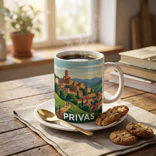 Mug souvenir de la ville de Privas avec une illustration stylisée de son paysage.