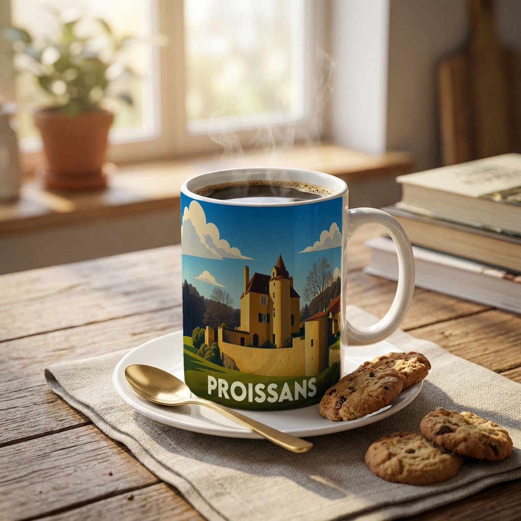 Mug souvenir de la ville de Proissans avec une illustration stylisée d'un château.