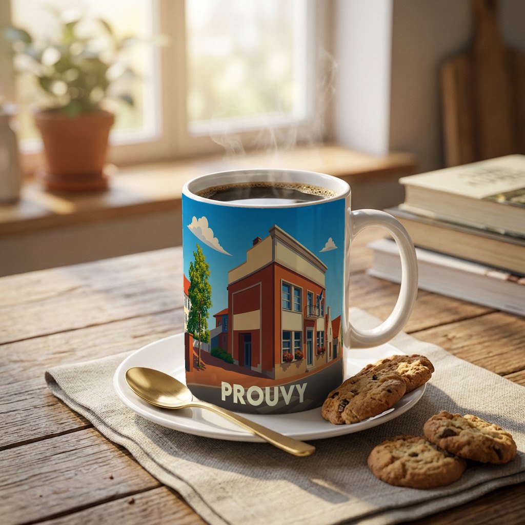 Mug souvenir de la ville de Prouvy avec une illustration stylisée et colorée de son architecture.