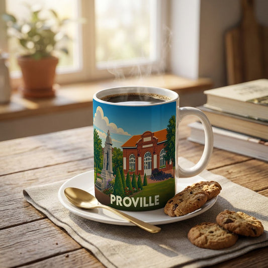 Mug souvenir de la ville de Proville orné d'une illustration colorée et stylisée de son patrimoine.