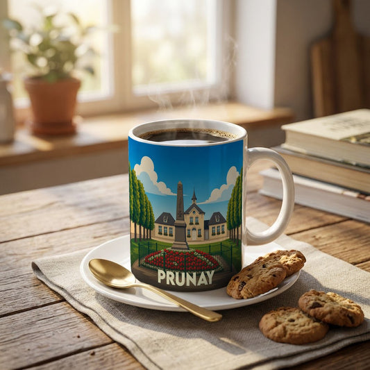 Mug souvenir de la ville de Prunay avec une illustration stylisée d'un monument et de l'hôtel de ville.