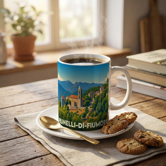 Mug souvenir de la ville de Prunelli-di-Fiumorbo orné d'une illustration stylisée du village et de ses montagnes.