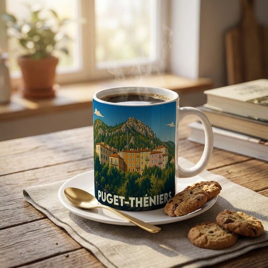Mug souvenir de la ville de Puget-Théniers orné d'une illustration stylisée de son paysage provençal.