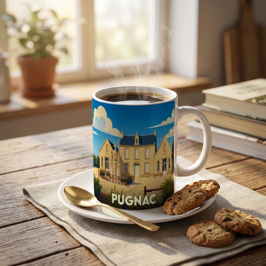 Mug souvenir de la ville de Pugnac avec une illustration stylisée de sa mairie.