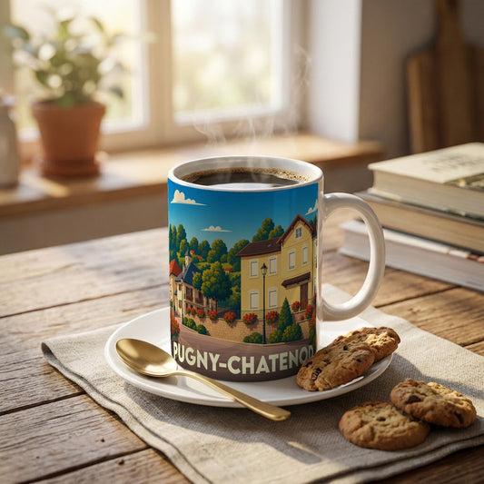 Mug souvenir de la ville de Pugny-Chatenod avec une illustration stylisée d'un paysage urbain fleuri.