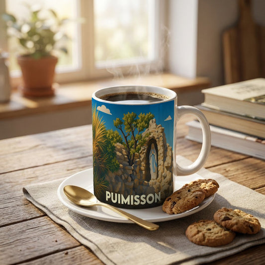 Mug souvenir de la ville de Puimisson orné d'une illustration stylisée représentant une grotte religieuse.
