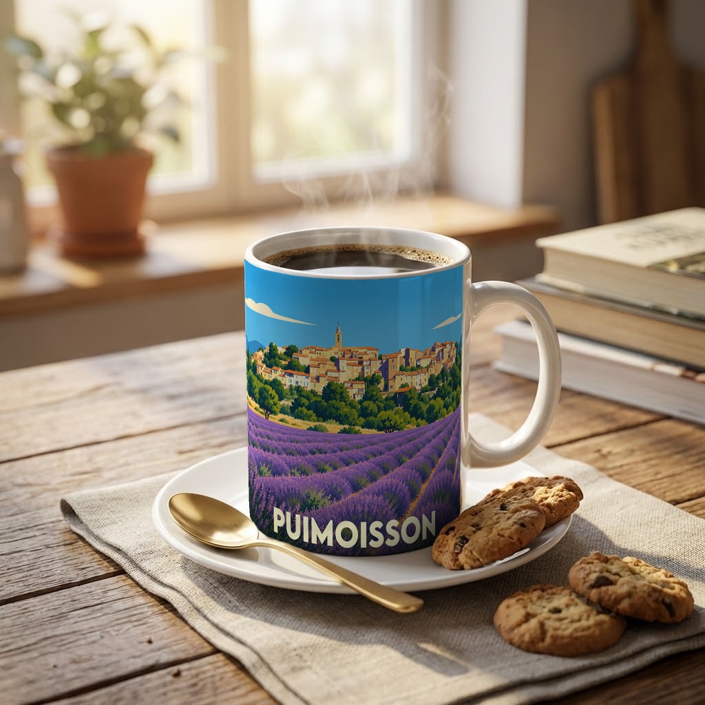 Mug souvenir de la ville de Puimoisson illustré par un champ de lavande et un village provençal.