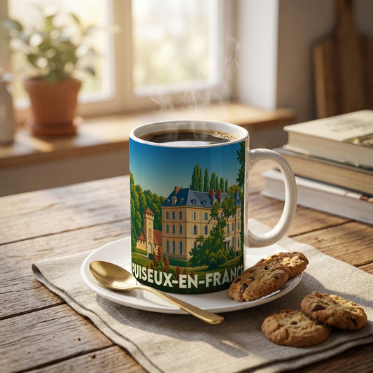 Mug souvenir de la ville de Puiseux-en-France avec une illustration stylisée.