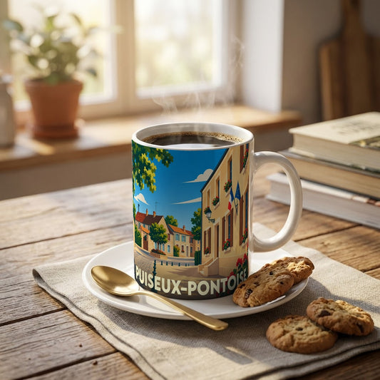 Mug souvenir de la ville de Puiseux-Pontoise orné d'une illustration colorée et stylisée de ses rues.