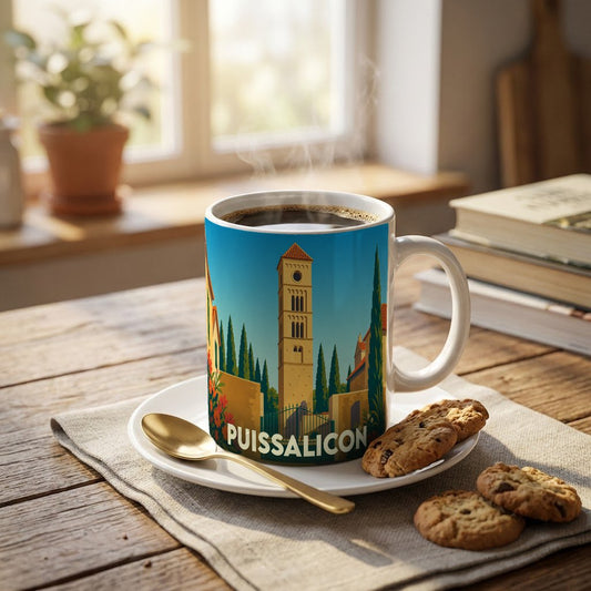 Mug souvenir de la ville de Puissalicon orné d'une illustration stylisée de sa tour médiévale.