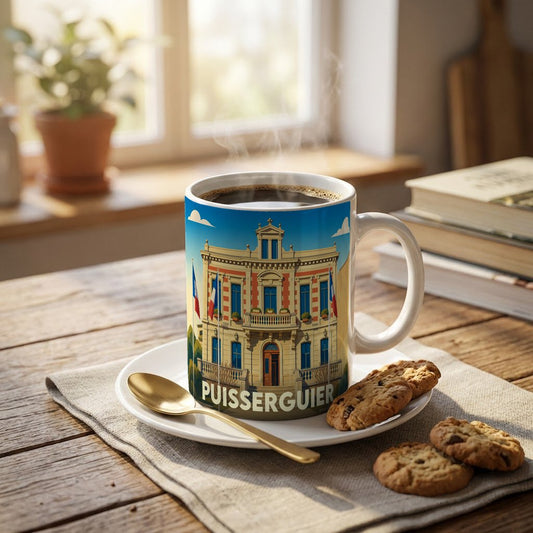 Mug souvenir de la ville de Puisserguier orné d'une illustration stylisée de sa mairie.