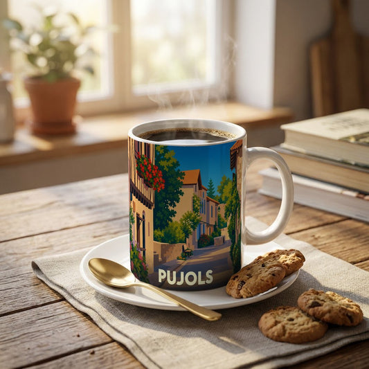 Mug souvenir de la ville de Pujols avec une illustration stylisée d'une rue fleurie.