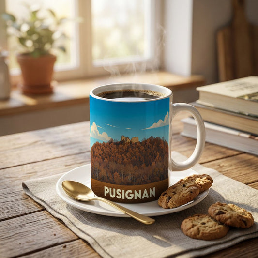 Mug souvenir de la ville de Pusignan avec une illustration stylisée d'un paysage automnal.