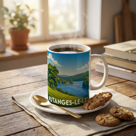 Mug souvenir de la ville de Putanges-le-Lac orné d'une illustration stylisée de son lac et de ses paysages verdoyants.