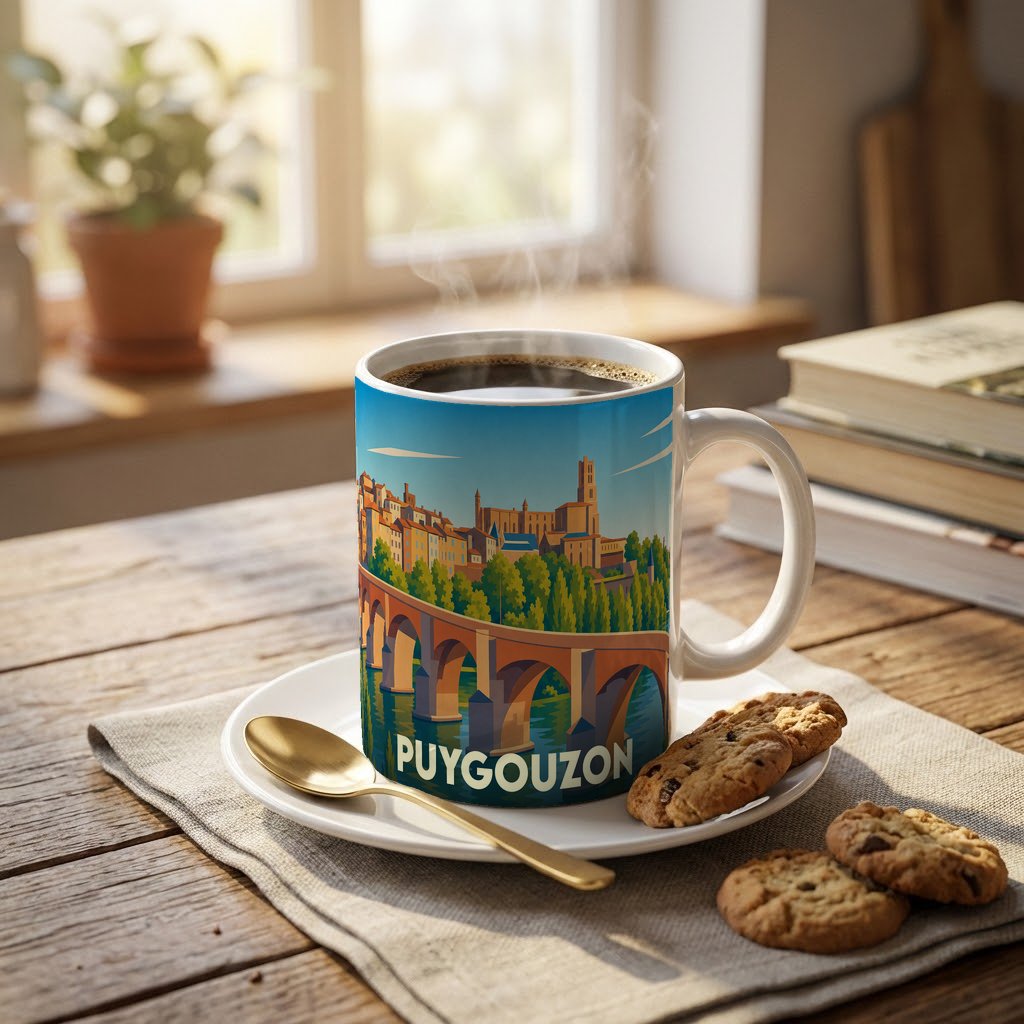 Mug souvenir de la ville de Puygouzon avec une illustration stylisée représentant un pont et la cité.