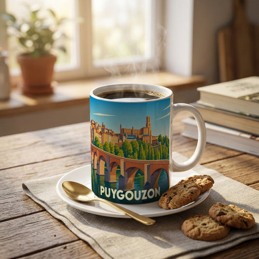 Mug souvenir de la ville de Puygouzon avec une illustration stylisée représentant un pont et la cité.