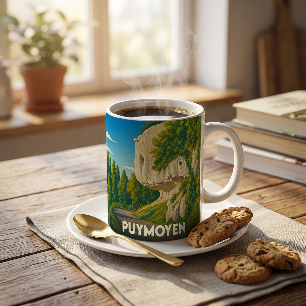 Mug souvenir de la ville de Puymoyen orné d'une illustration stylisée de ses falaises.