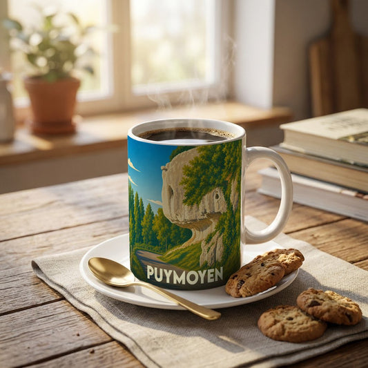 Mug souvenir de la ville de Puymoyen orné d'une illustration stylisée de ses falaises.