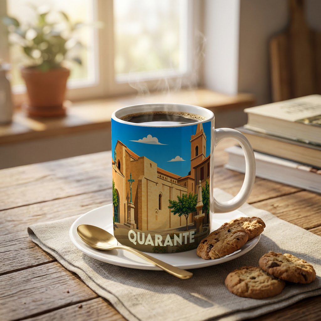 Mug souvenir de la ville de Quarante avec une illustration stylisée de son architecture.