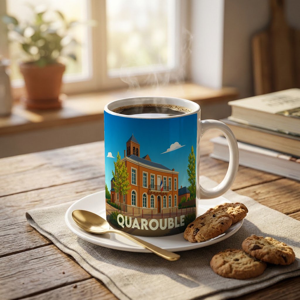 Mug souvenir de la ville de Quarouble avec une illustration stylisée de son hôtel de ville.