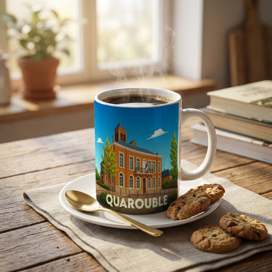 Mug souvenir de la ville de Quarouble avec une illustration stylisée de son hôtel de ville.