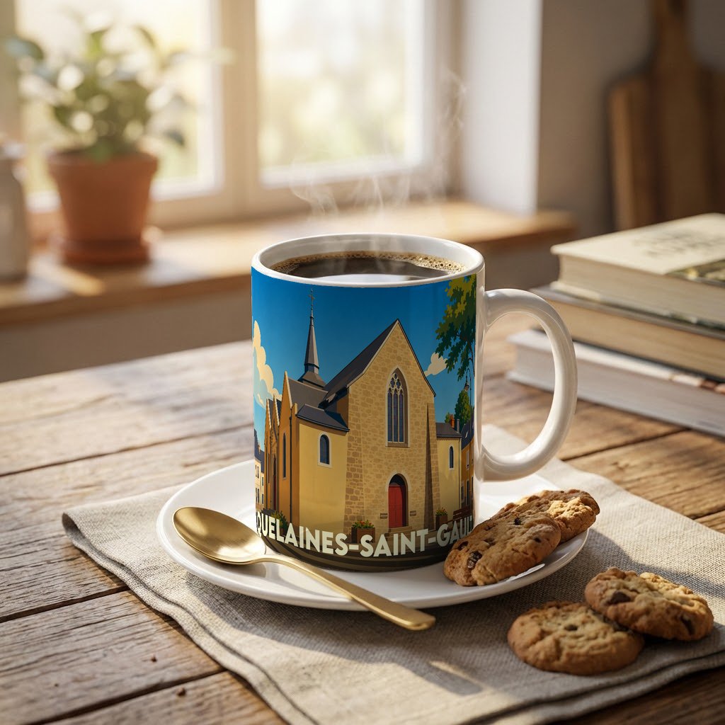 Mug souvenir de la ville de Quelaines-Saint-Gault avec une illustration stylisée d'une église.