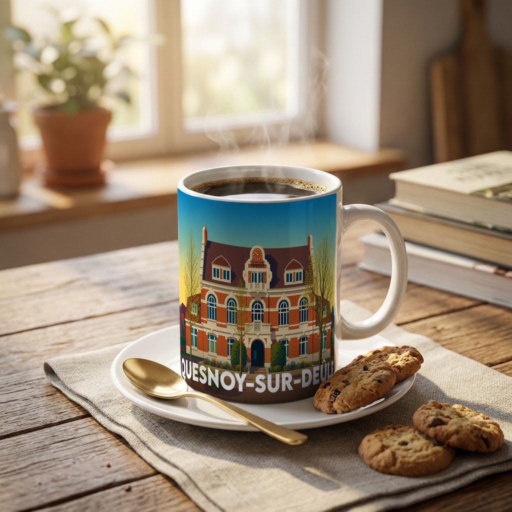 Mug souvenir de la ville de Quesnoy-sur-Deûle avec une illustration stylisée de son hôtel de ville.
