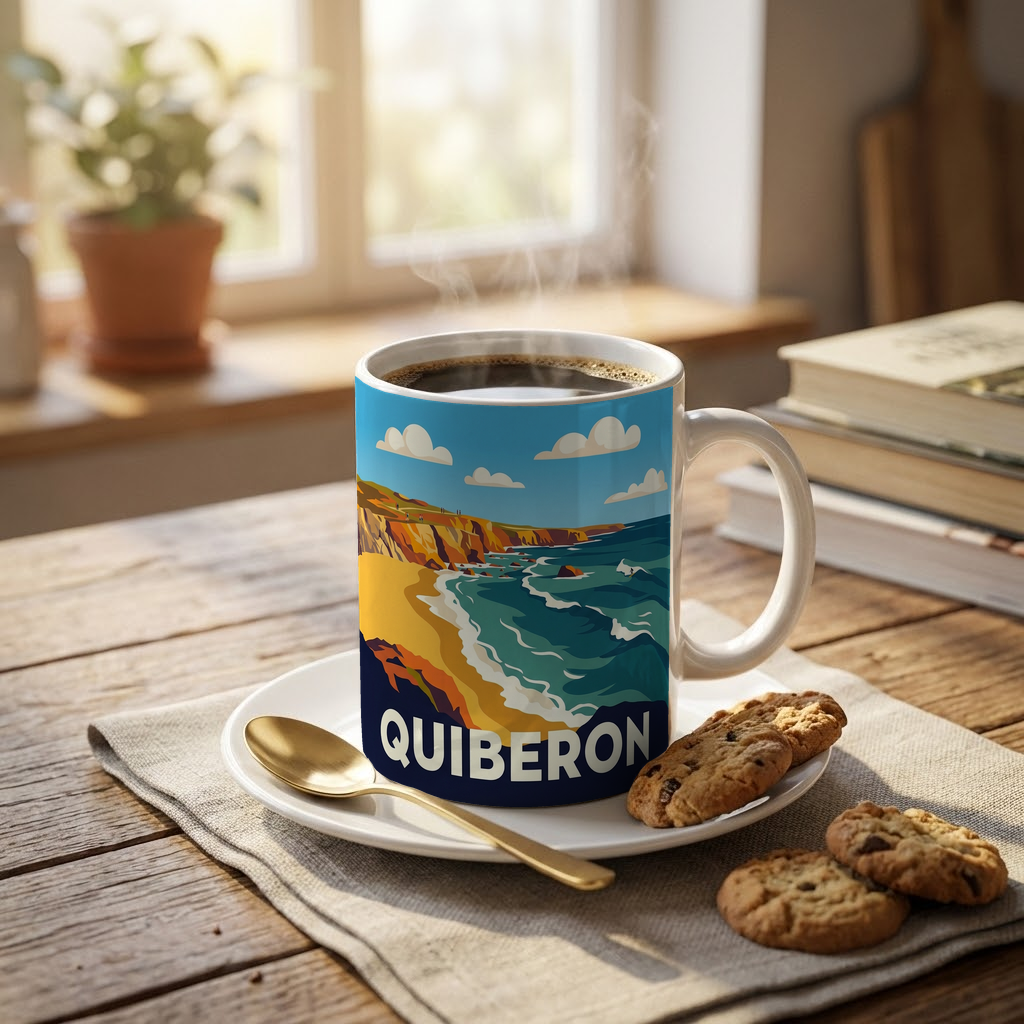 Mug souvenir de la ville de Quiberon avec une illustration stylisée de son paysage côtier.