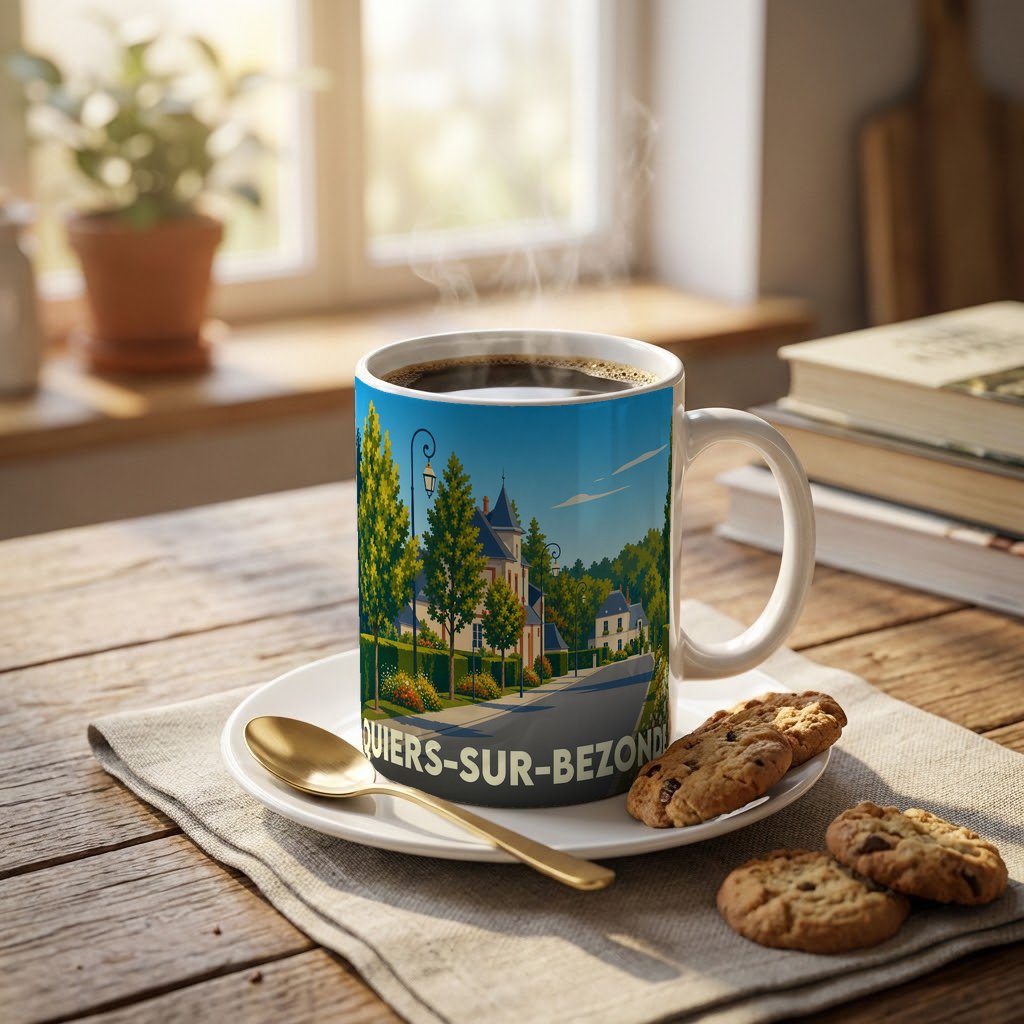 Mug souvenir de la ville de Quiers-sur-Bezonde avec une illustration stylisée d'un paysage urbain verdoyant.