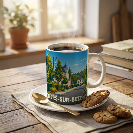 Mug souvenir de la ville de Quiers-sur-Bezonde avec une illustration stylisée d'un paysage urbain verdoyant.