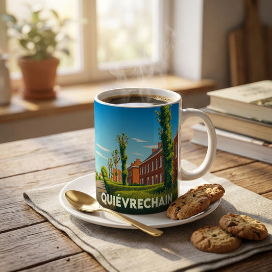 Mug souvenir de la ville de Quiévrechain orné d'une illustration stylisée de ses paysages urbains.