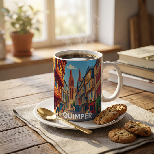 Mug souvenir de la ville de Quimper avec une illustration stylisée de son architecture historique.