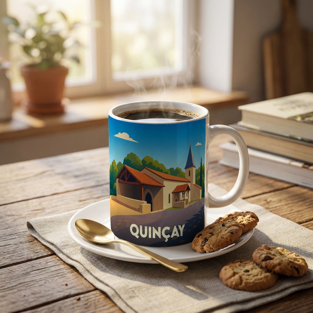 Mug souvenir de la ville de Quinçay avec une illustration stylisée de son église.