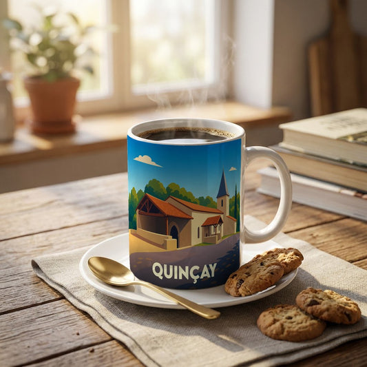 Mug souvenir de la ville de Quinçay avec une illustration stylisée de son église.