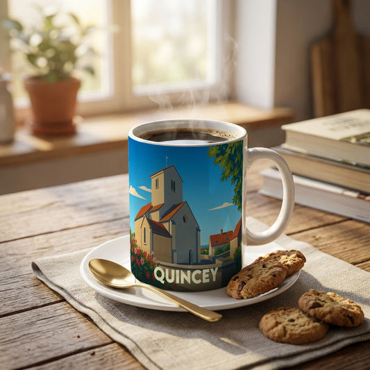 Mug souvenir de la ville de Quincey avec une illustration stylisée d'une église sous un ciel bleu.