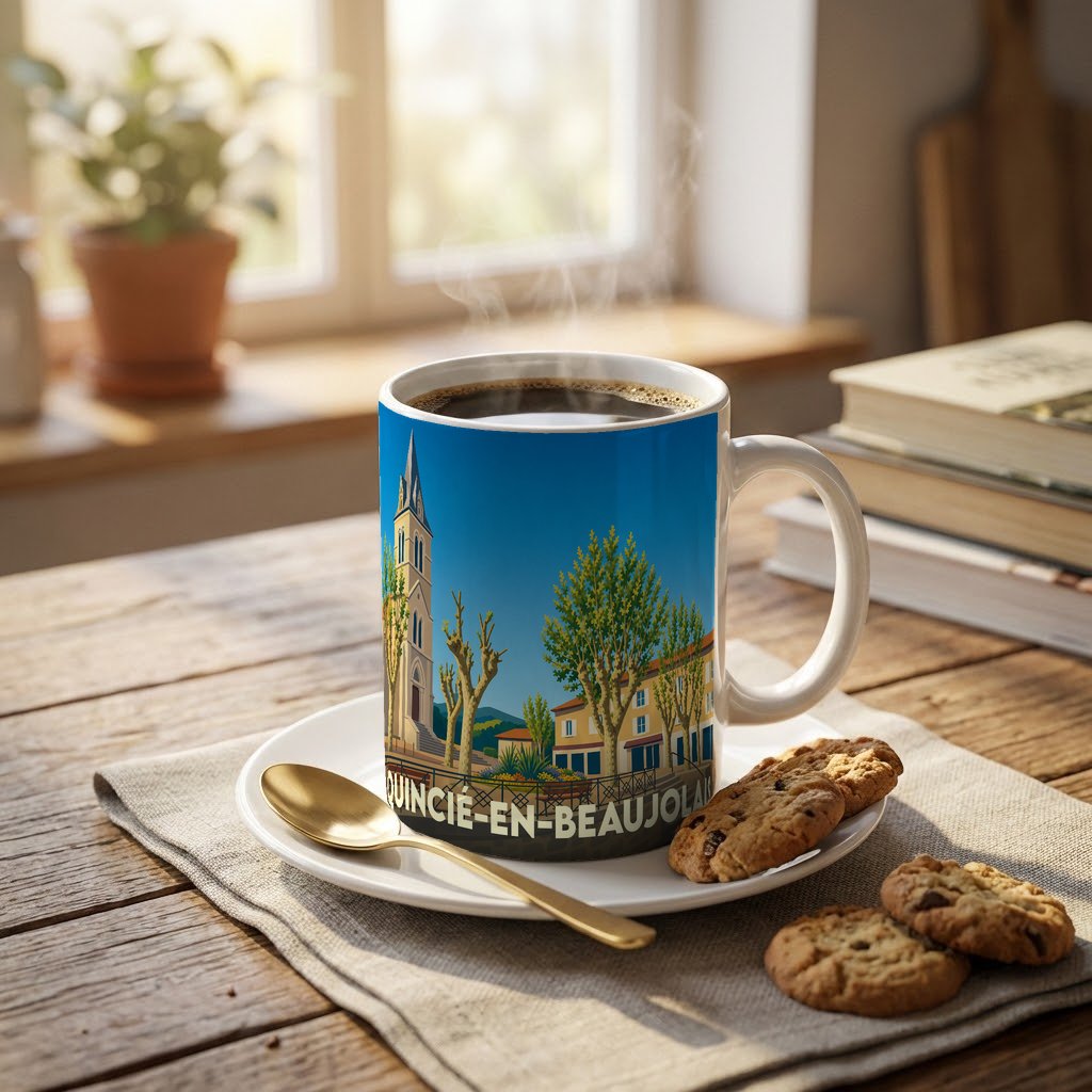 Mug souvenir de la ville de Quincié-en-Beaujolais avec une illustration stylisée.