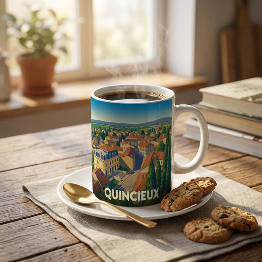 Mug souvenir de la ville de Quincieux avec une illustration stylisée et colorée.