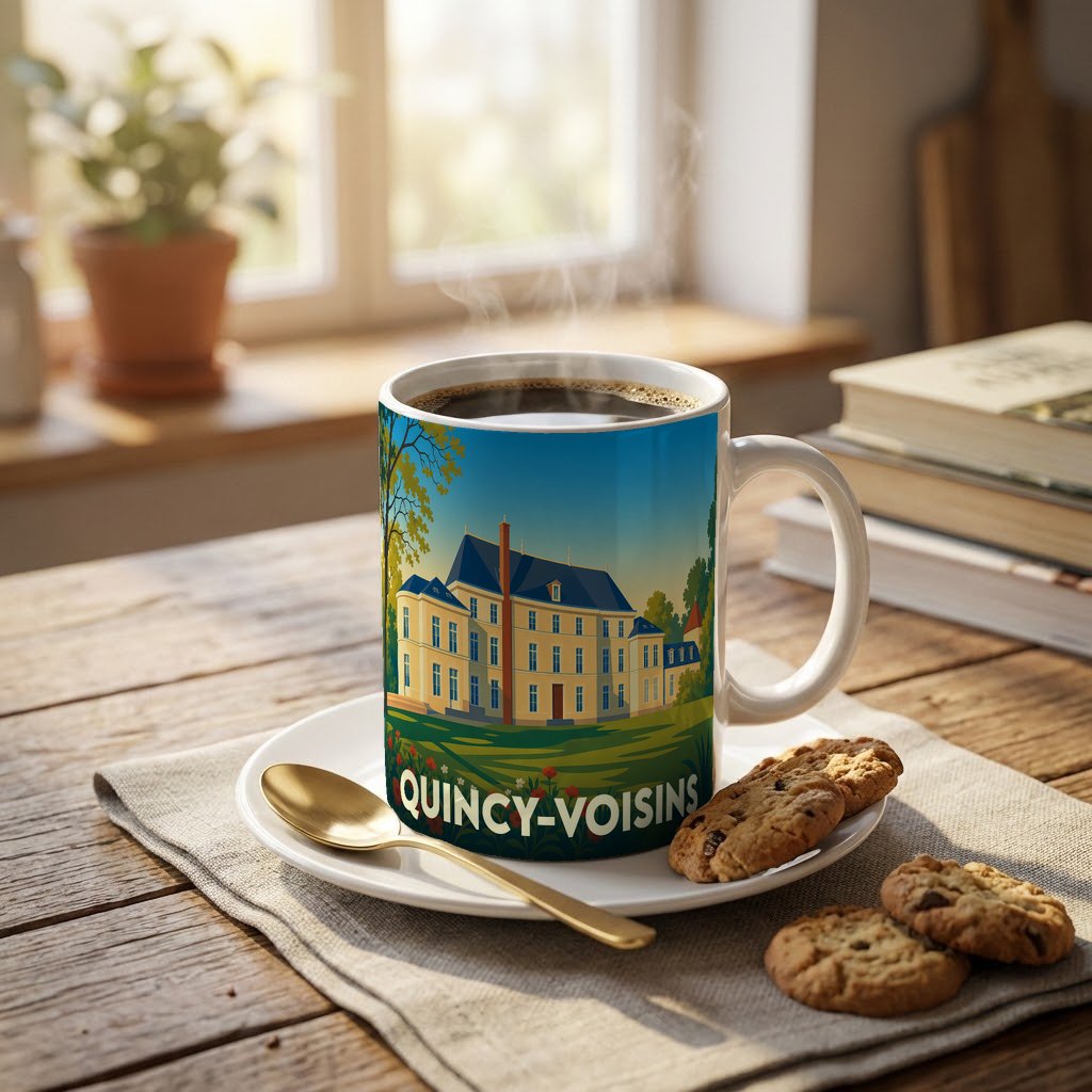 Mug souvenir de la ville de Quincy-Voisins avec une illustration stylisée d'un château local.