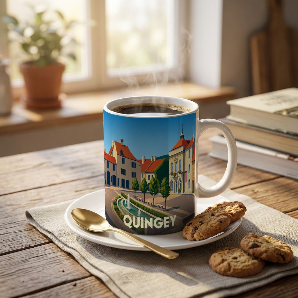 Mug souvenir de la ville de Quingey avec une illustration stylisée.