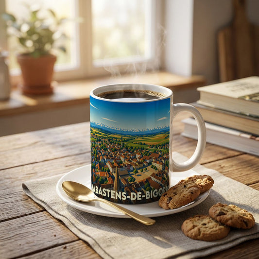 Mug souvenir de la ville de Rabastens-de-Bigorre avec une illustration panoramique stylisée.