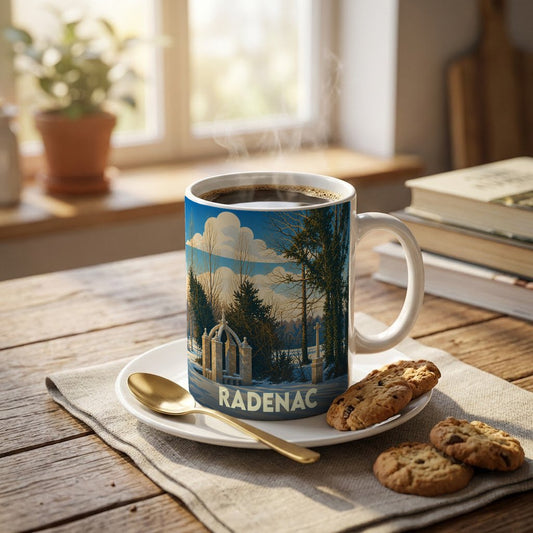 Mug souvenir de la ville de Radenac orné d'une illustration stylisée de son patrimoine architectural et naturel.