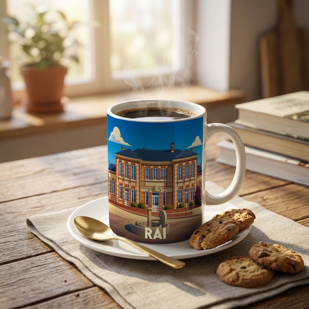 Mug souvenir de la ville de Rai avec une illustration stylisée d'un bâtiment historique.