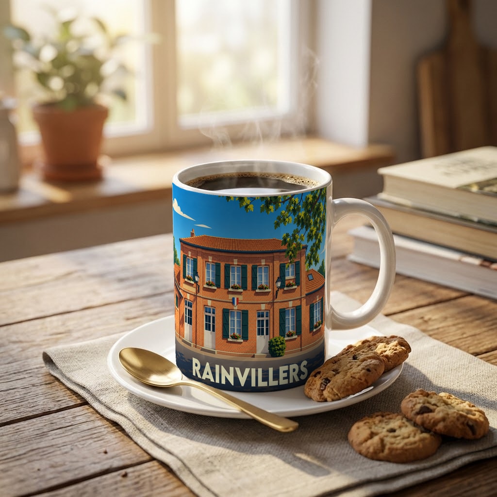 Mug souvenir de la ville de Rainvillers avec une illustration stylisée d'un bâtiment en briques.