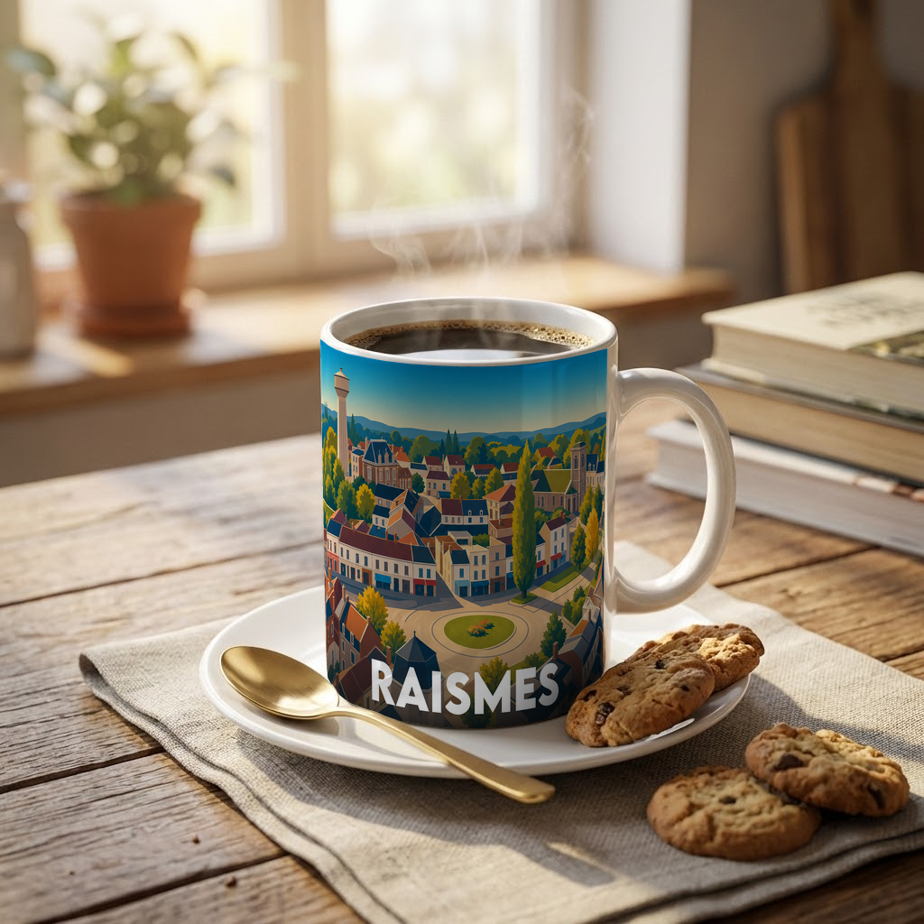 Mug souvenir de la ville de Raismes avec une illustration stylisée et colorée de ses paysages urbains.