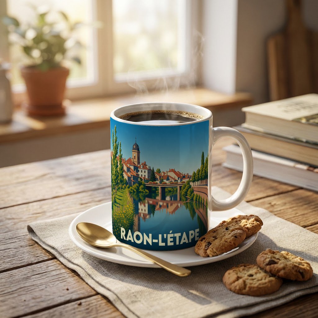 Mug souvenir de la ville de Raon-l'Étape avec une illustration stylisée.