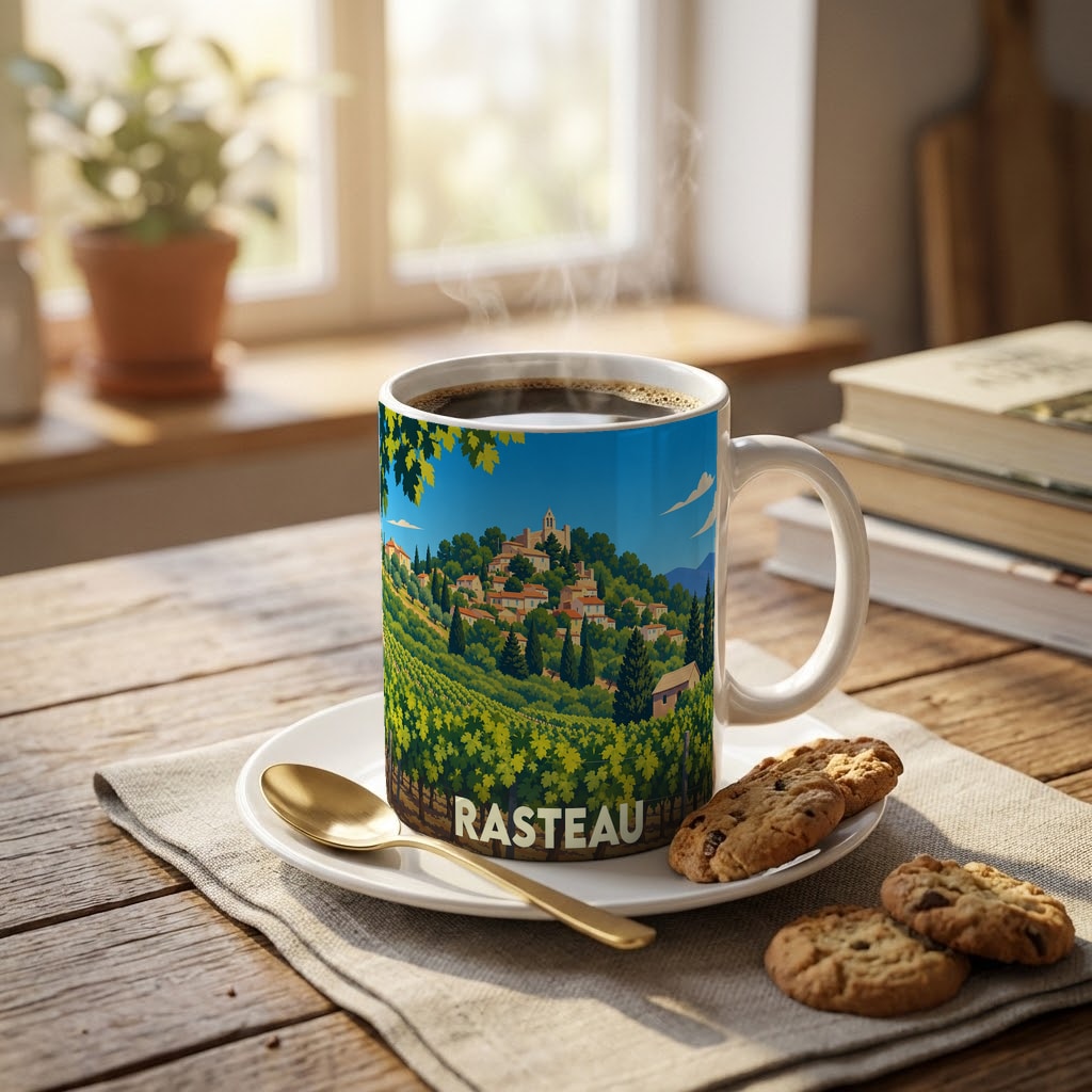 Mug souvenir de la ville de Rasteau orné d'une illustration stylisée de vignobles et du village.