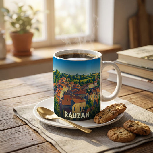 Mug souvenir de la ville de Rauzan illustré par un paysage urbain stylisé.